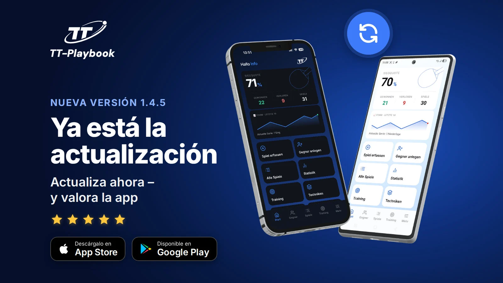 TT Playbook Player en iPhone y Android con el aviso de la nueva versión 1.4.5