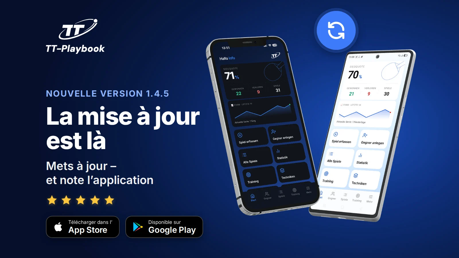 TT Playbook Player sur iPhone et Android annonçant la nouvelle version 1.4.5
