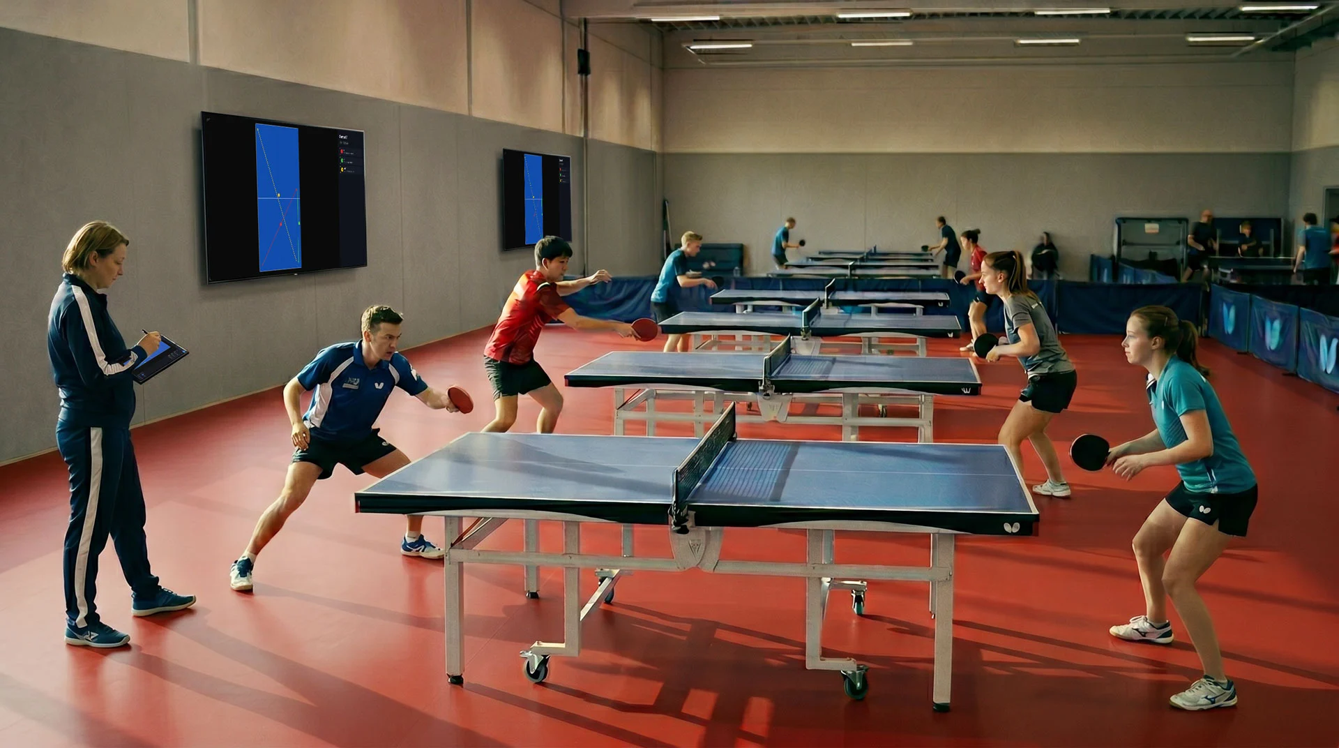 Trainingsbetrieb in der Halle — Spieler an mehreren Tischen, Trainerin mit Tablet am Rand