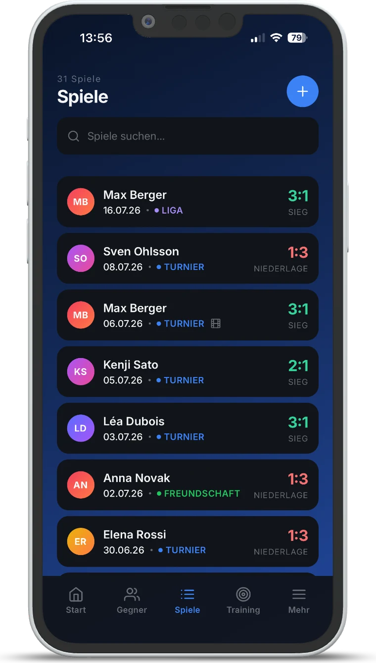 Spieleliste in TT Playbook Player mit erfassten Matches