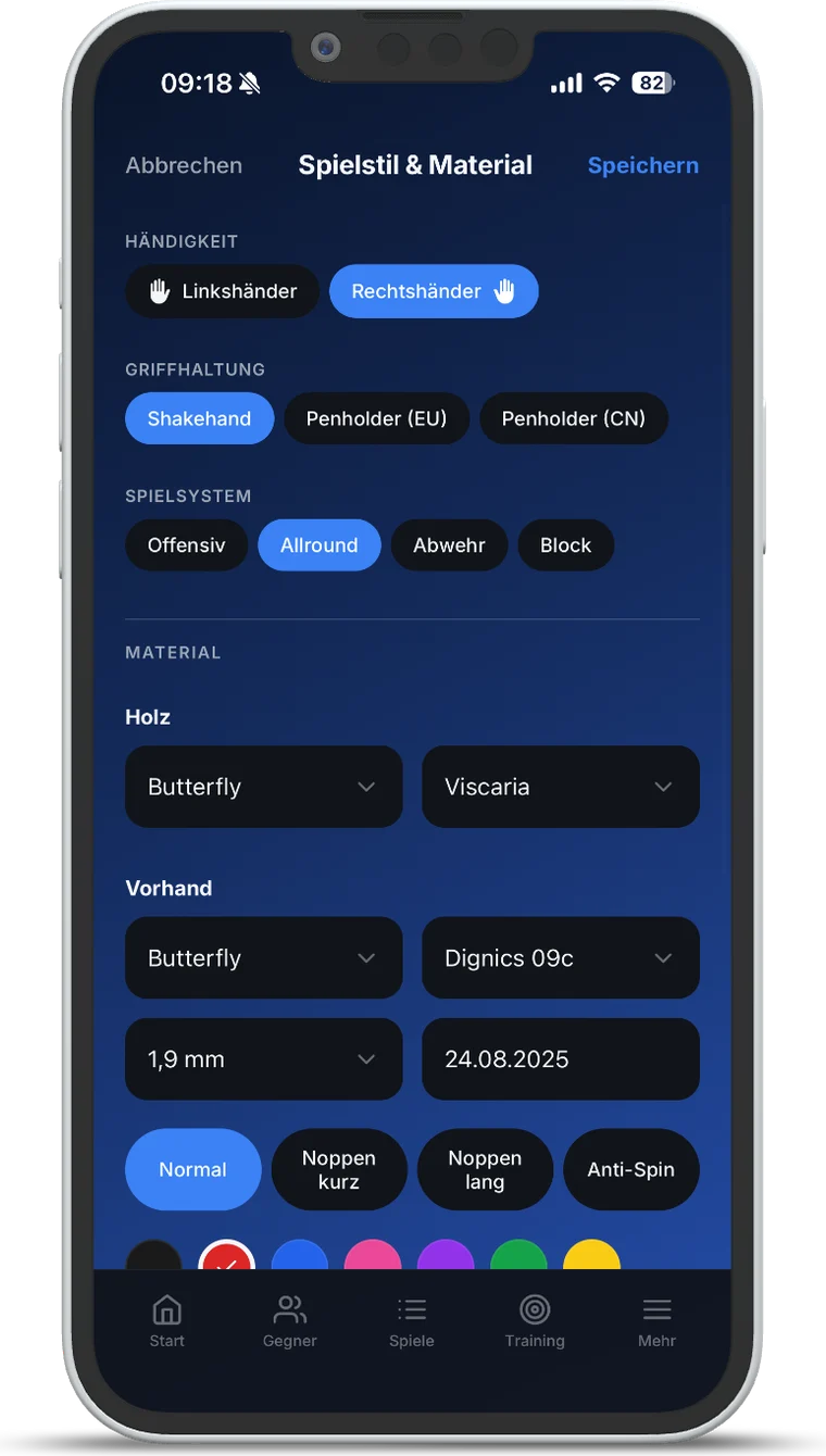 Spielstil und Material in TT Playbook Player mit Holz, Belägen und Schwammstärke