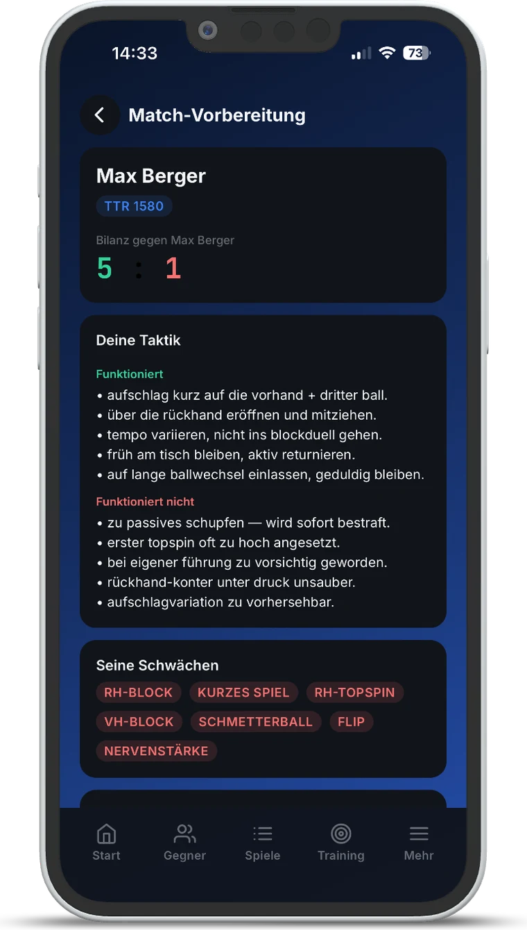 Match-Vorbereitung in TT Playbook Player mit Taktikhinweisen zum Gegner